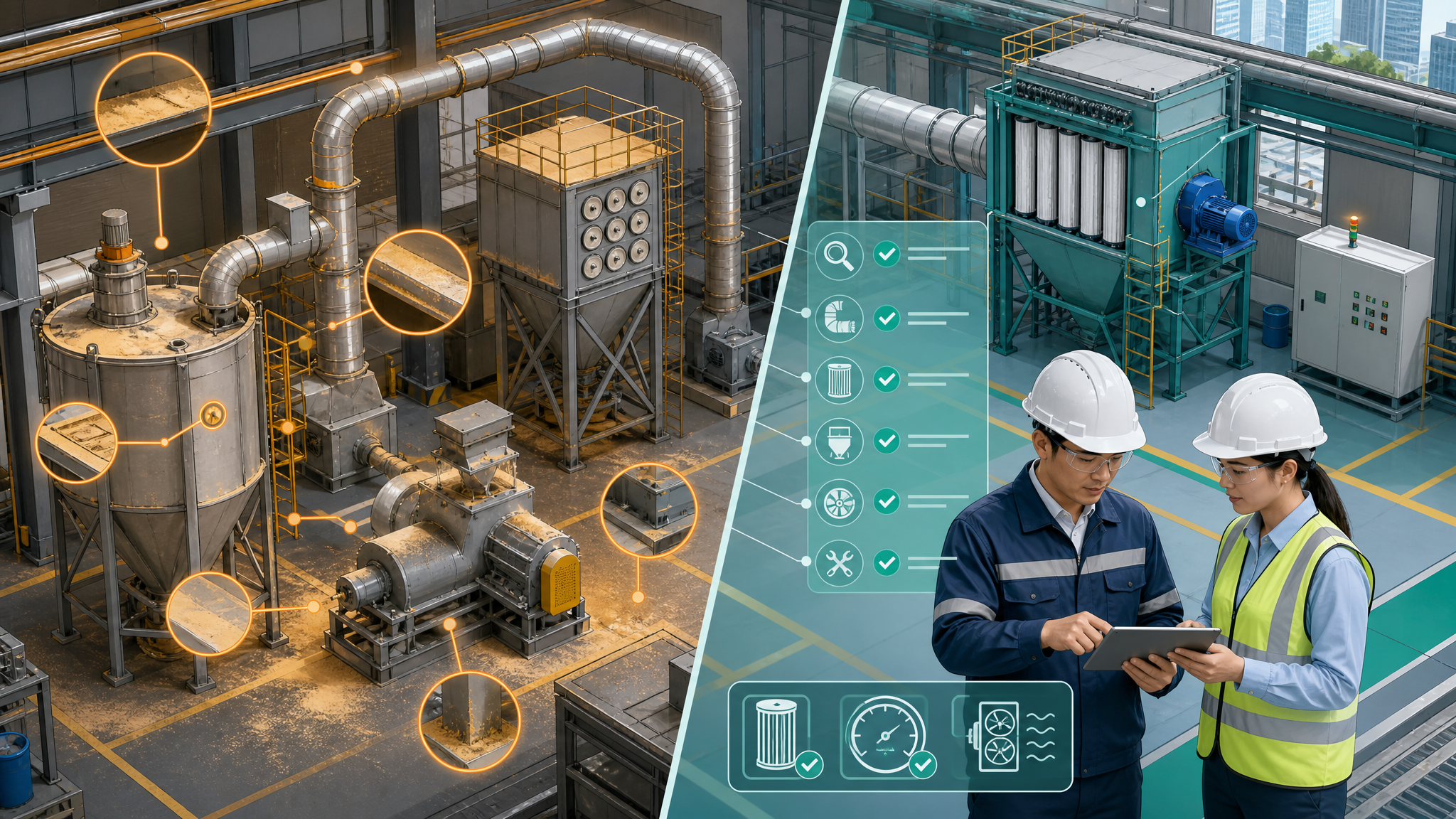 Illustrated manufacturing area with dust deposits near equipment on one side and a consultant reviewing dust collection controls on the other.