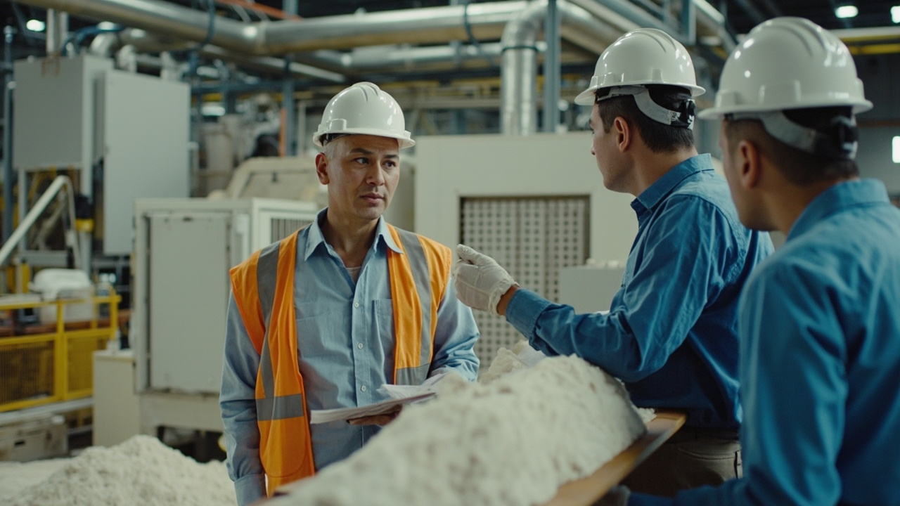 A safety consultant reviewing a combustible dust processing area with operators in a Singapore industrial facility.