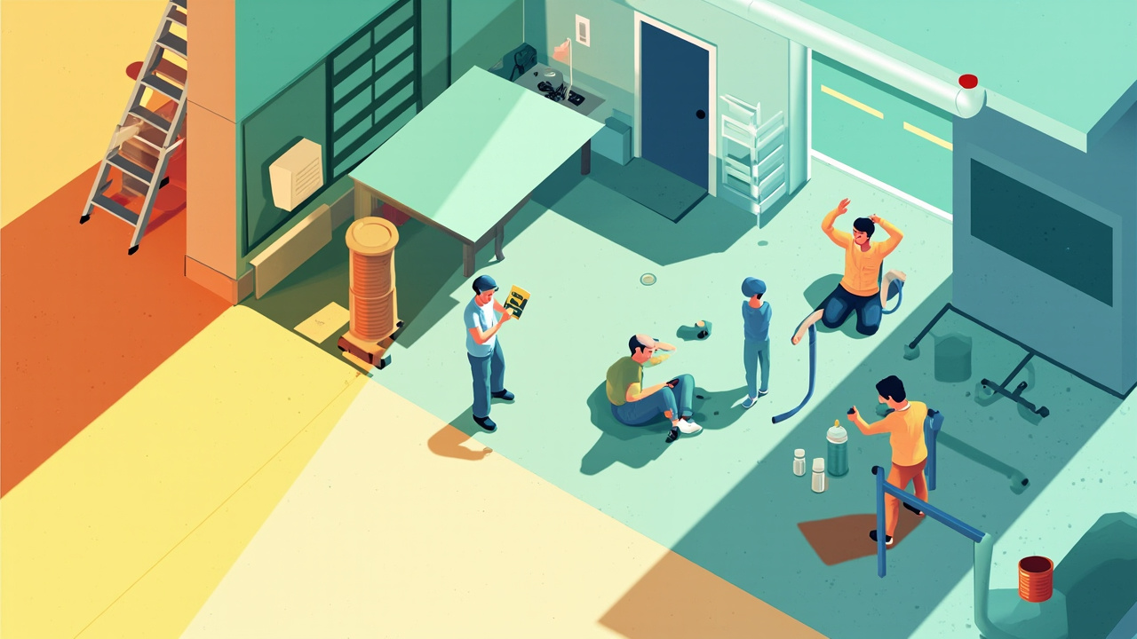 Illustrated outdoor worksite with a supervisor checking heat stress controls, shaded rest and hydration for workers.