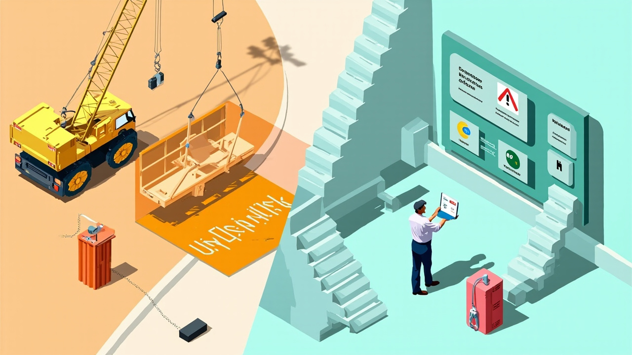 Illustrated crane lifting operation with a controlled exclusion zone, signal chain and supervisor monitoring site conditions.