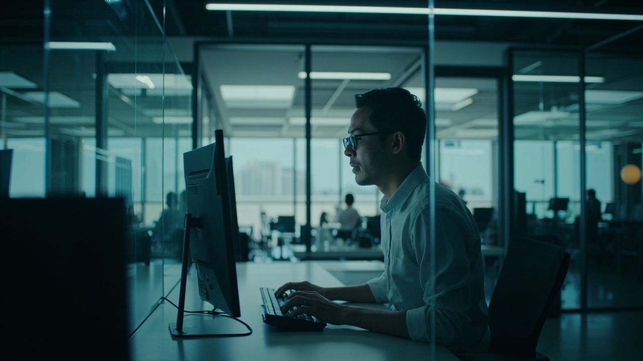Modern Singapore office workspace with balanced lighting, minimal glare, and an employee working comfortably at a well-lit desk.