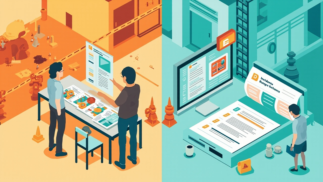 Illustrated workplace incident review scene with a supervisor preserving evidence, an iReport screen and corrective action checklist.