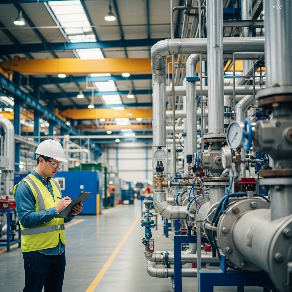 Audit Services - Professional industrial safety inspector wearing white hard hat, blue shirt, and yellow high-visibility safety vest conducting comprehensive safety audit and compliance inspection in modern industrial facility with complex piping systems, pressure gauges, and safety equipment, documenting findings on clipboard for ISO 45001, ISO 14001, and BizSAFE certification