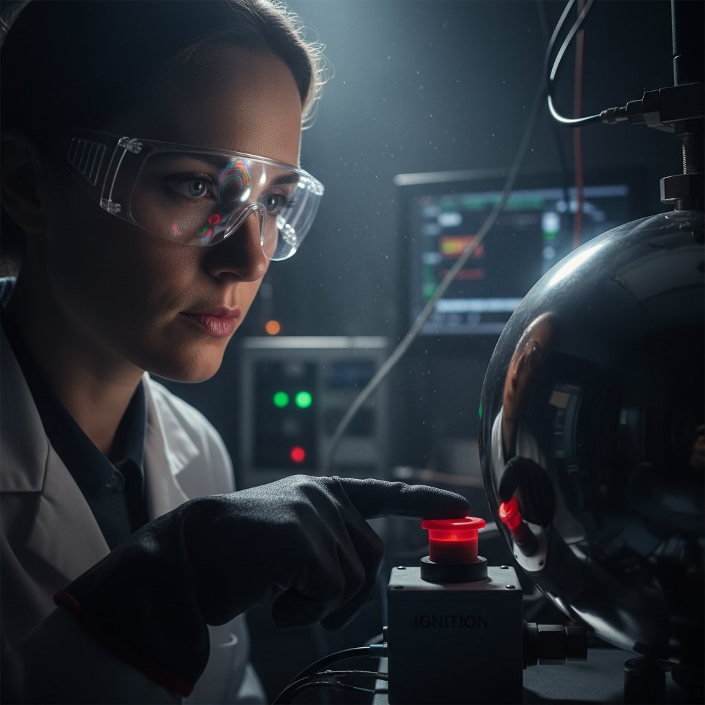 20L Sphere Combustibility Testing Equipment - Female scientist in laboratory safety gear operating 20L sphere explosion testing apparatus with red ignition button, measuring dust explosion characteristics including Kst and Pmax values