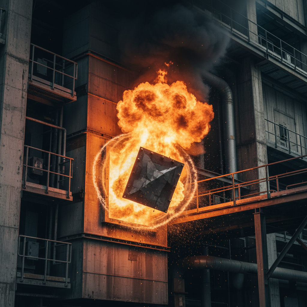 Explosion Venting - Industrial dust collector with active explosion vent panel releasing pressure during simulated dust deflagration, showing fireball and pressure relief in industrial facility