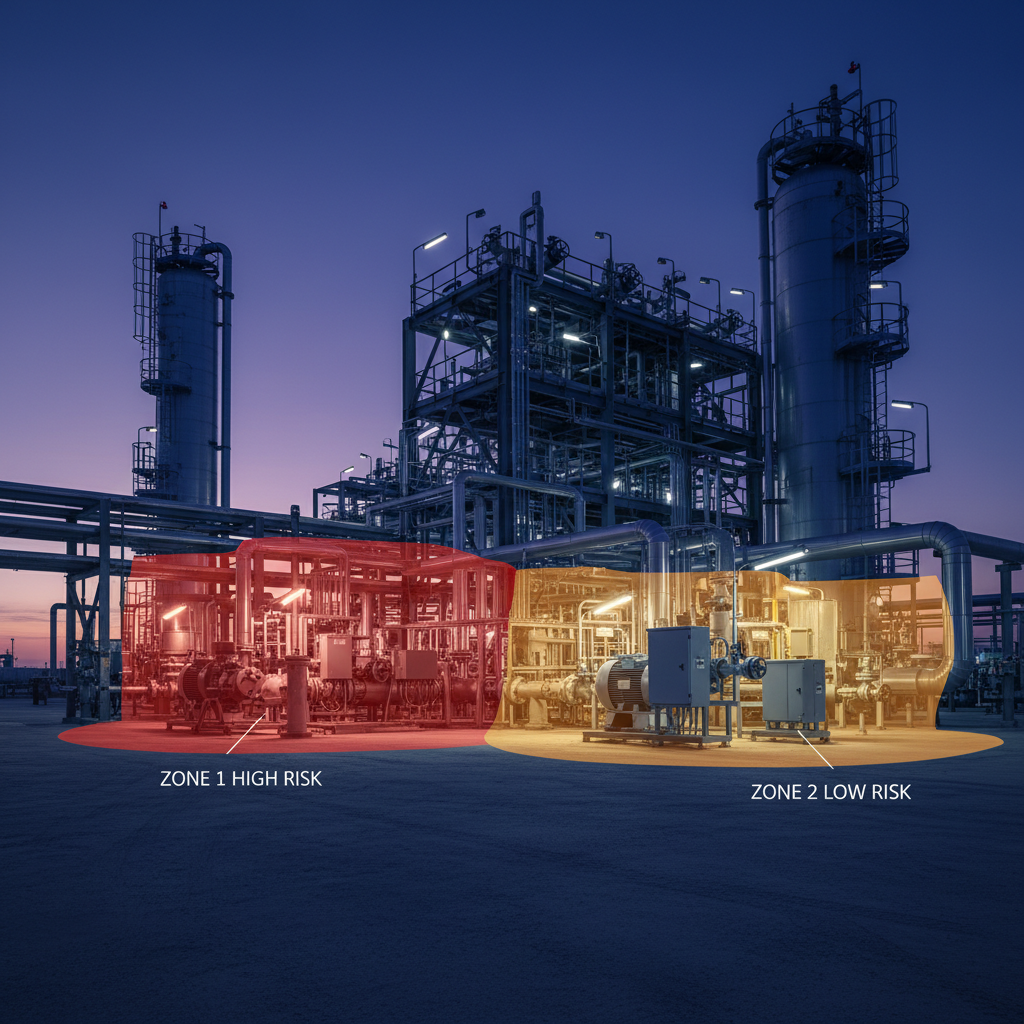 Hazardous Area Classification Diagram - Industrial facility showing Zone 1 high risk and Zone 2 low risk areas for flammable gases, with safety zones marked for combustible dust and gas explosion hazards