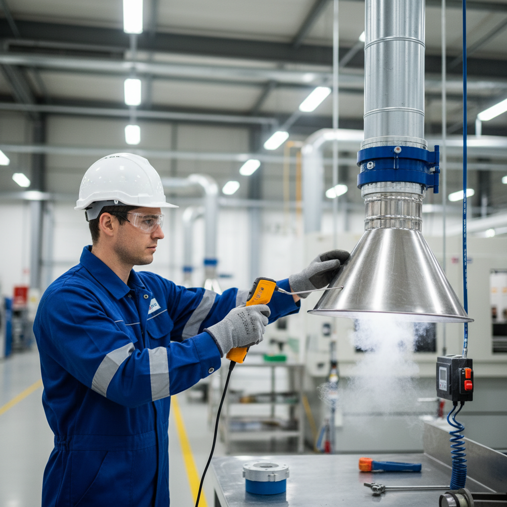 LEV Testing - Industrial safety professional in hard hat and high-visibility vest testing local exhaust ventilation system using air velocity meter and smoke pen to verify airflow and capture efficiency of overhead LEV hood