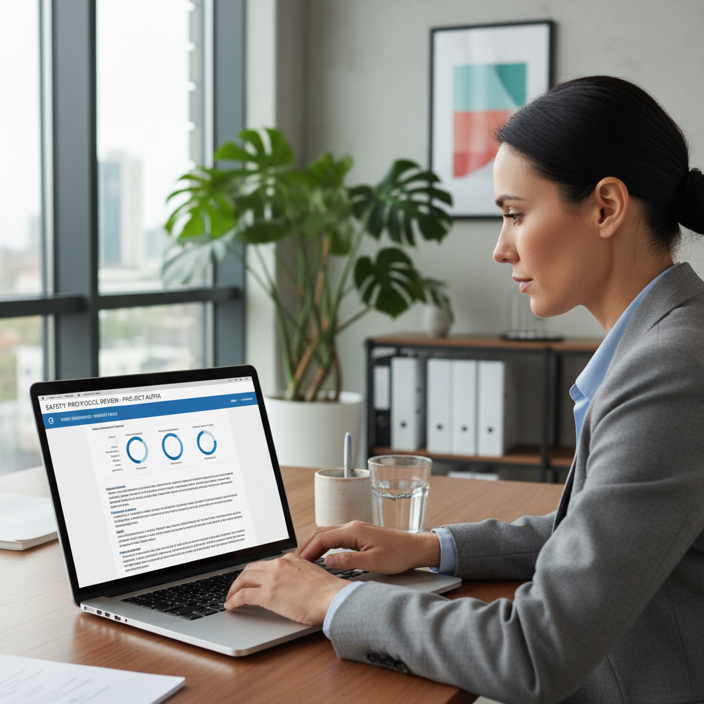 Safety Document Review - Professional safety consultant reviewing digital safety documentation on a laptop in a modern office setting