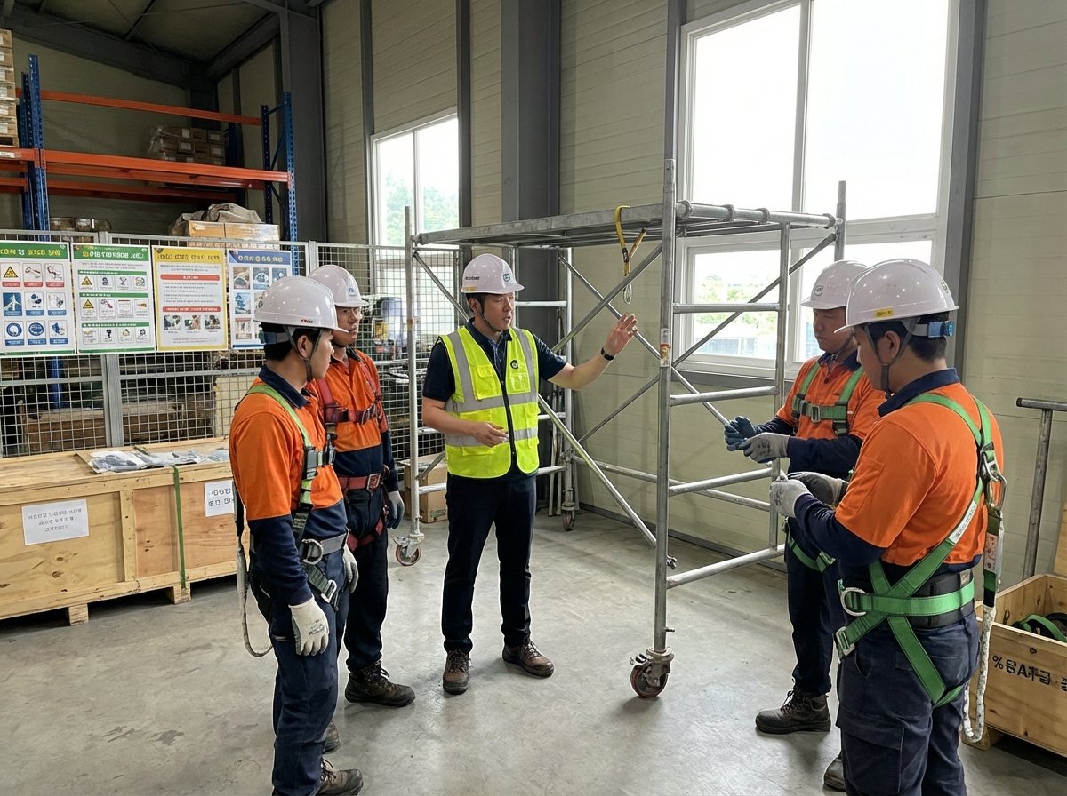 Safety Training Session - Professional trainer demonstrating safety equipment to workers